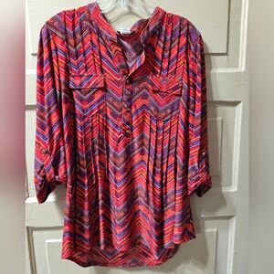 Cocomo Chevron Pleated 3/4 Sleeve Multicolor Button Up Blouse Size: XL